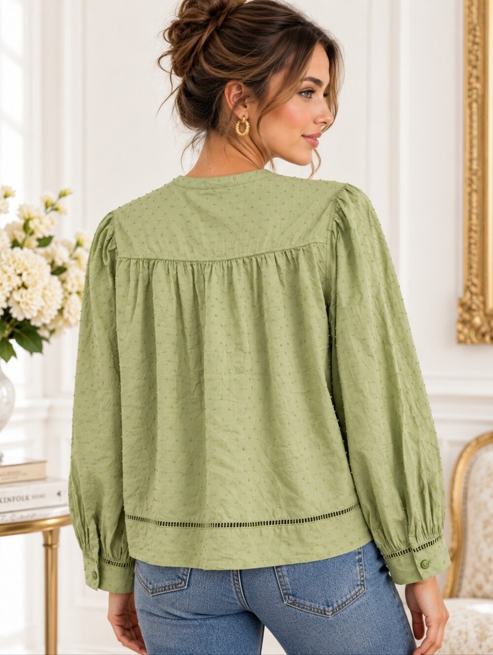 Old Navy Green Swiss Dot Pintuck Button Front Cotton Blouse | Size Medium - Picture 2 of 9